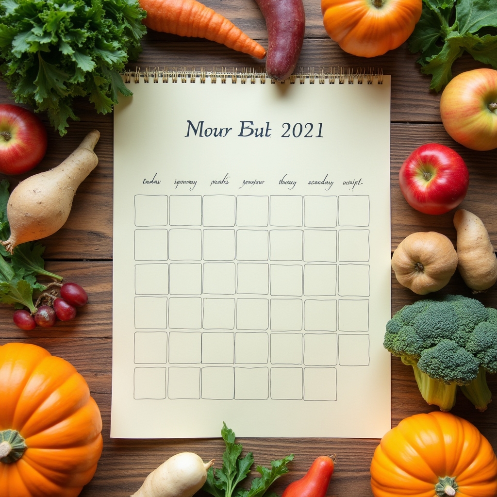 Calendario appeso in cucina con verdure di stagione disposte accanto su un tavolo di legno