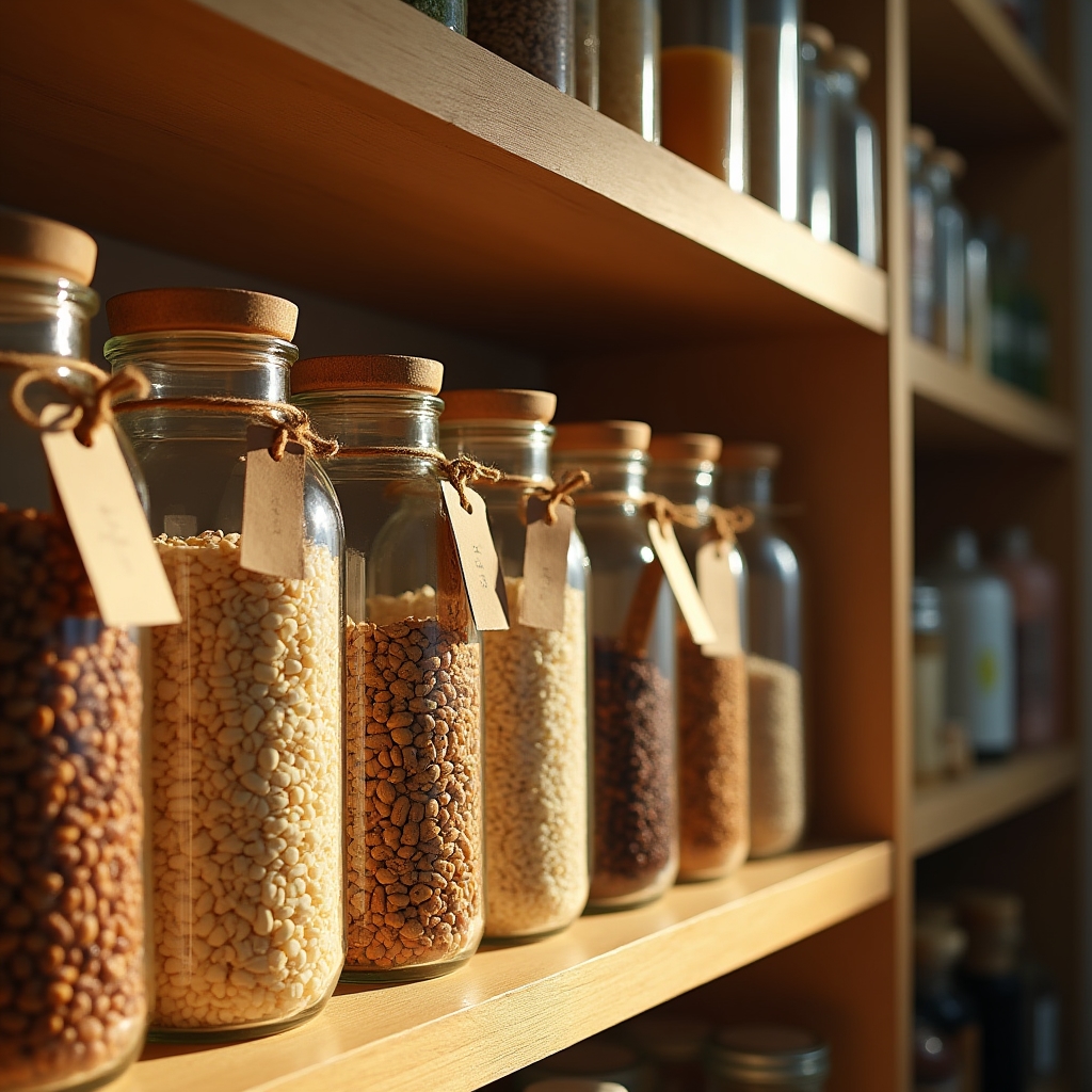 Barattoli di vetro etichettati con legumi e cereali disposti su una mensola di dispensa