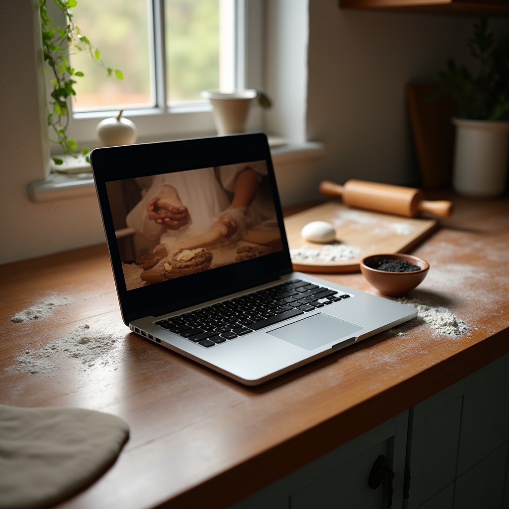 Laptop aperto su un piano cucina con un video didattico in riproduzione accanto a ingredienti da forno