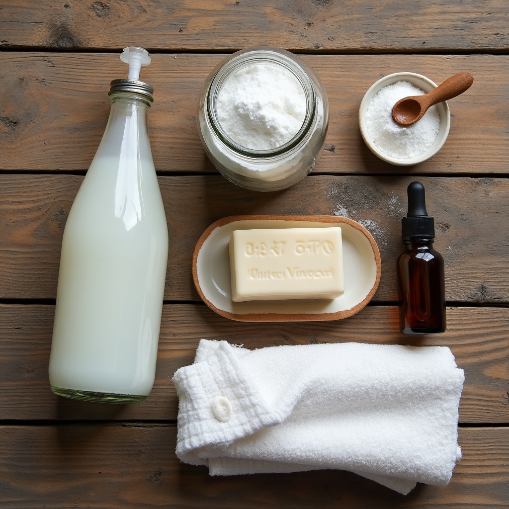 Ingredienti per detersivi naturali: aceto bianco, bicarbonato e sapone di Marsiglia disposti su un tavolo