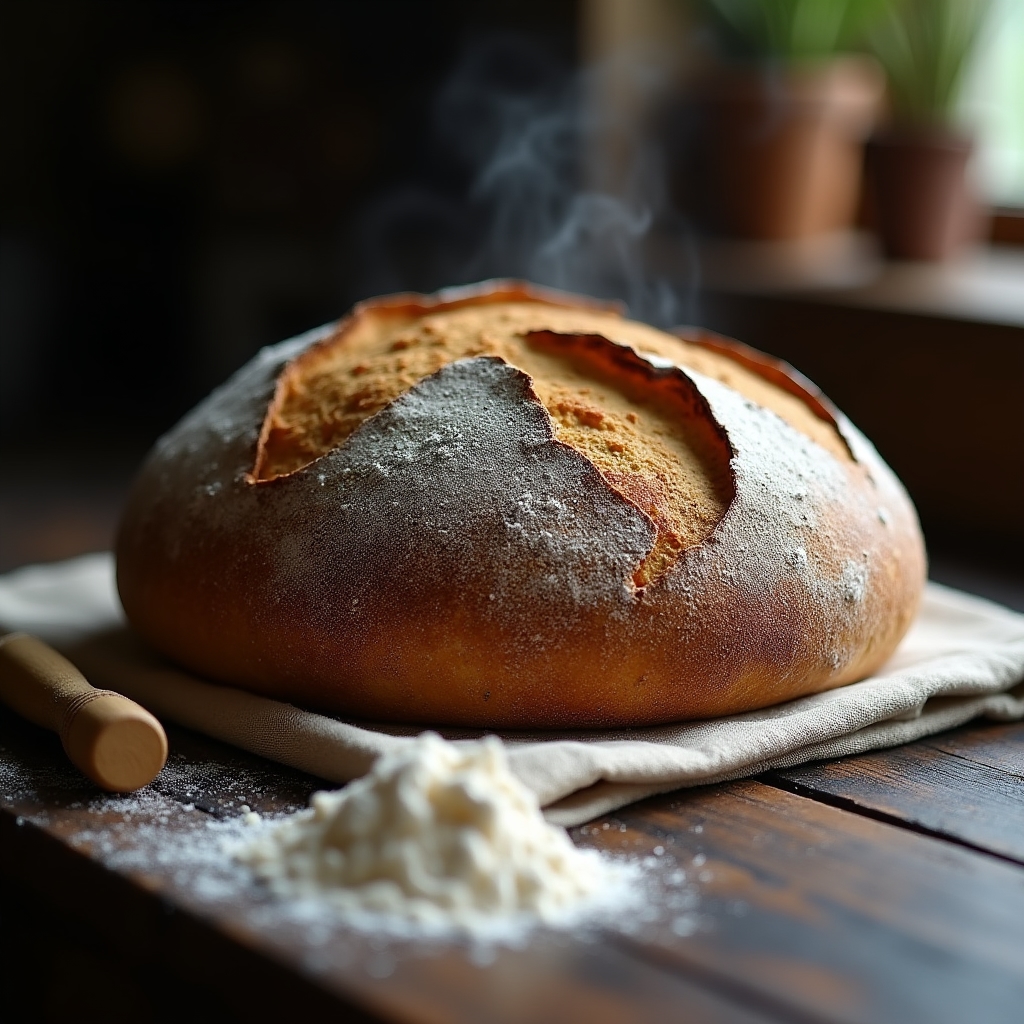 Pagnotta di pane a lievitazione naturale appena sfornata con crosta screpolata