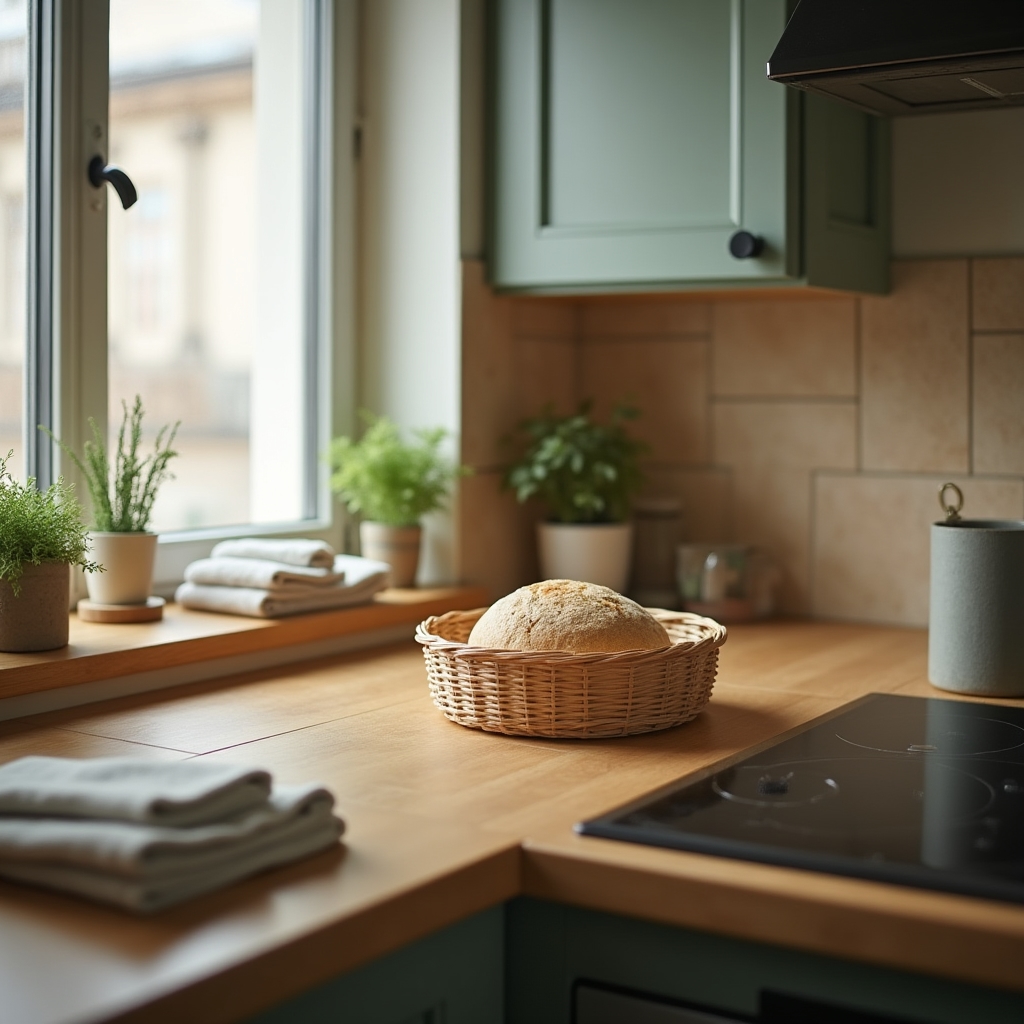 Angolo cucina di appartamento con piano di lavoro libero e cesto di pane in lievitazione
